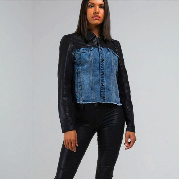 Blank NYC Arachnophobia Vegan Leather & Denim Combo Jacket new w tags - Picture 2 of 7